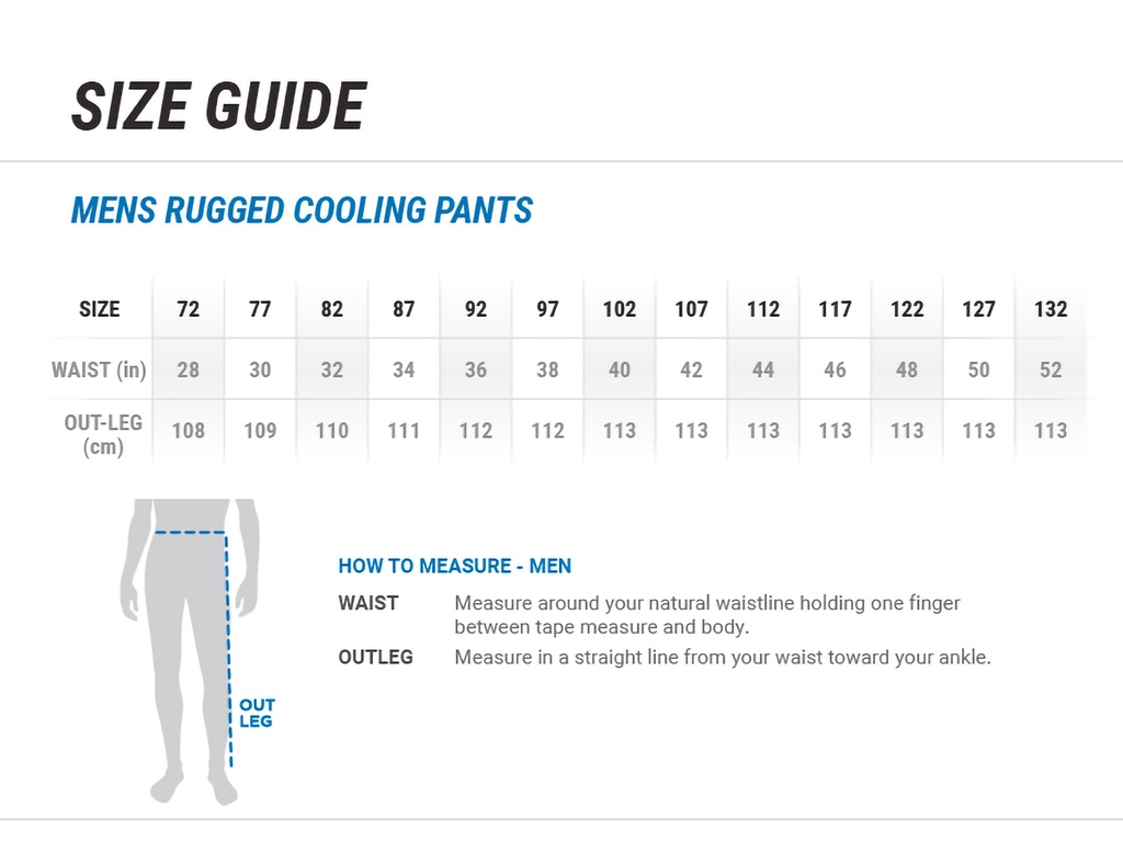 Mens Rugged Cooling Pant- ZP504 - Size Guide