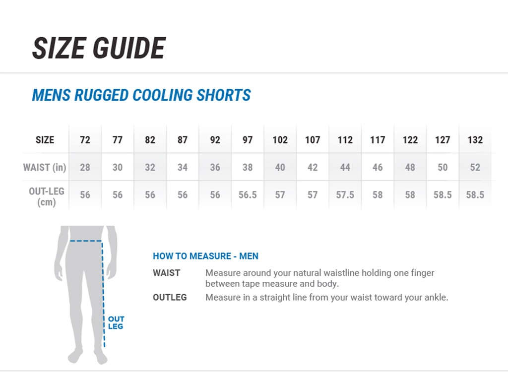 Mens Rugged Cooling Shorts- ZS505 - Size Guide