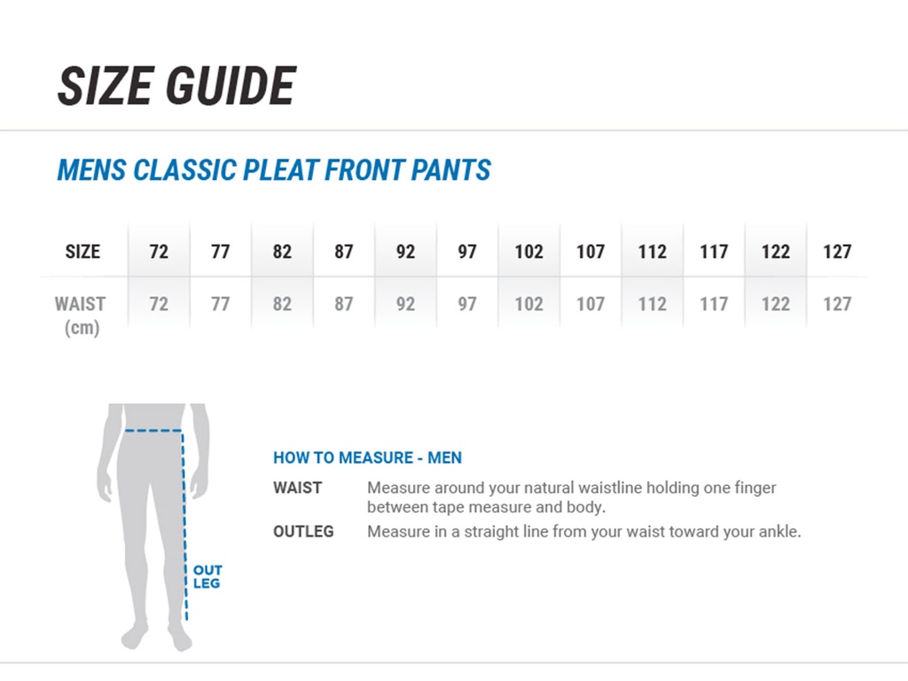 Mens Classic Pleat Front Pants- BS29110 - Size Guide