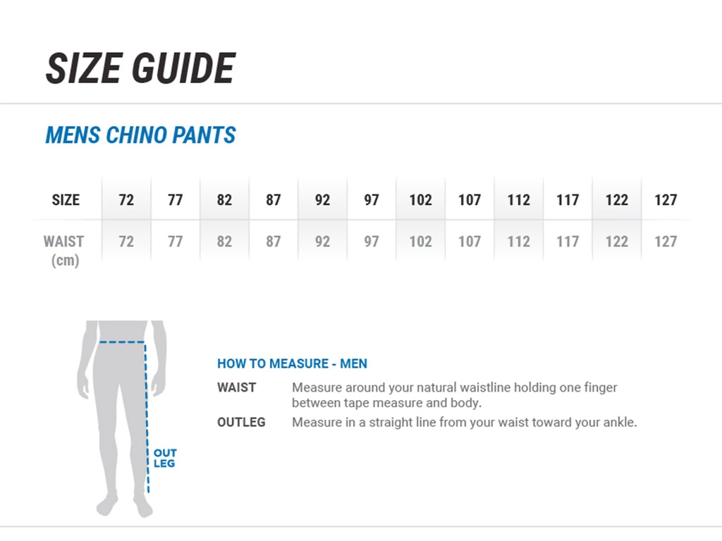 Mens Chino Pants- BS724M - Size Guide