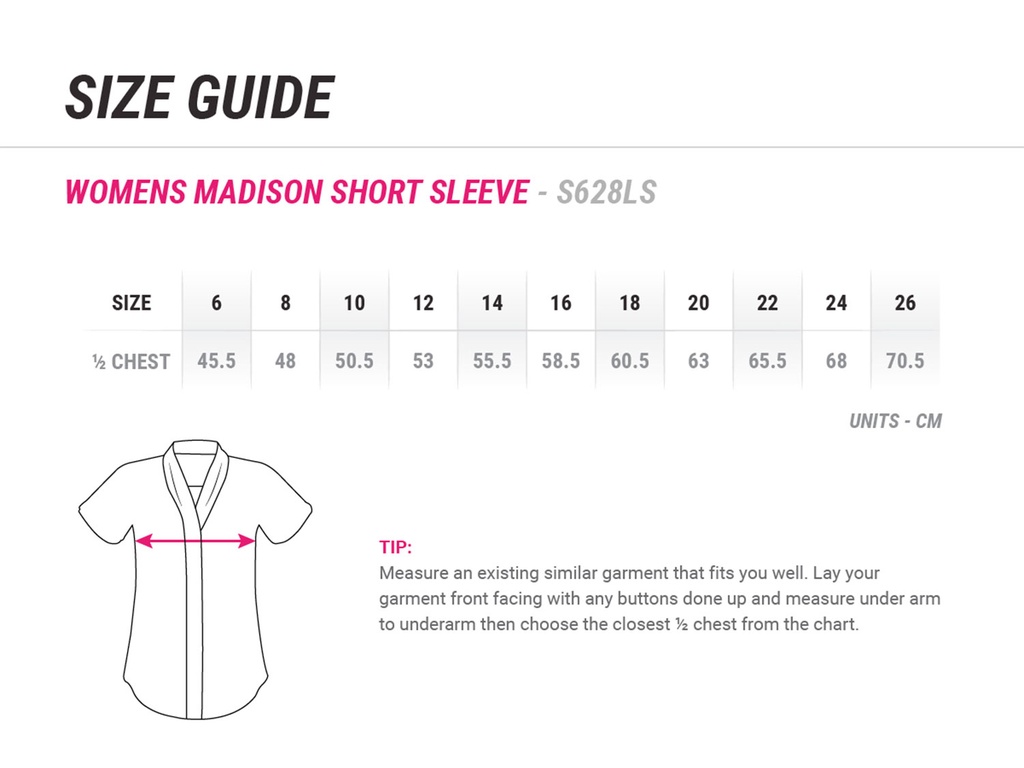 Ladies Madison Short Sleeve Shirt - Size Guide