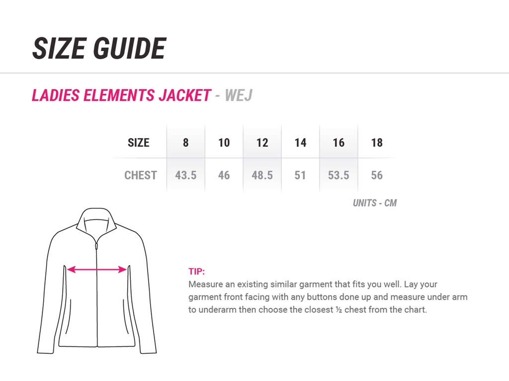 Ladies Element Jacket - WEJ - Size Guide