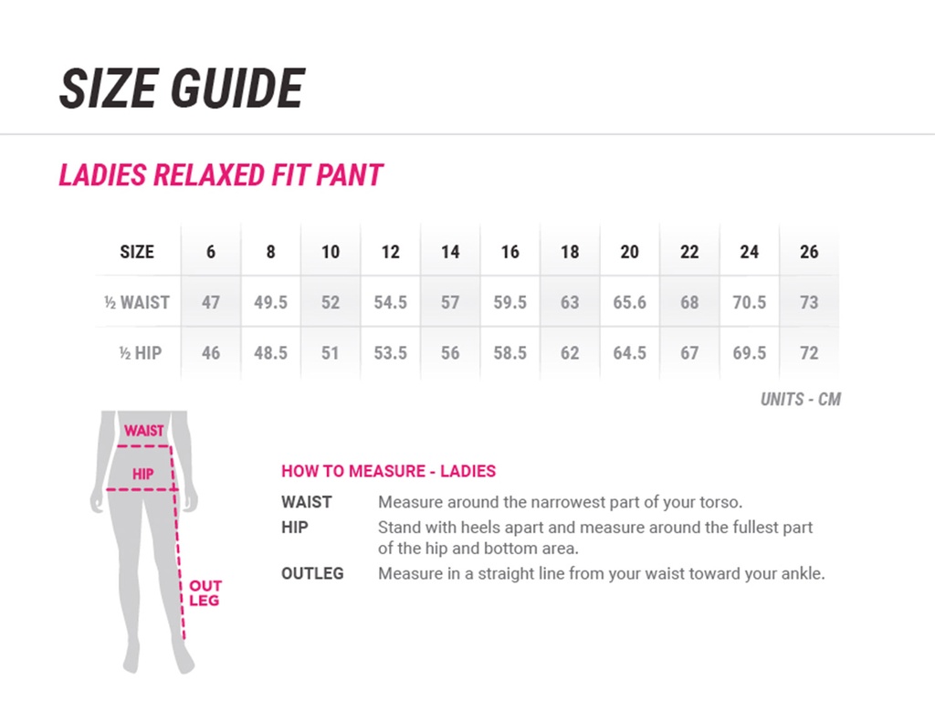Ladies Relaxed Fit Pant- 14011 - Size Guide