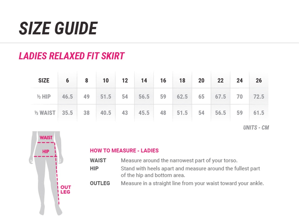 Ladies Relaxed Fit Skirt- 24011 - Size Guide