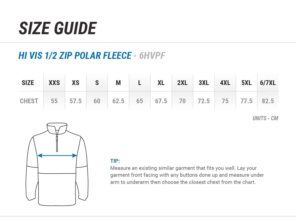 Hi Vis Polar Fleece- 6HVPF - Size Guide