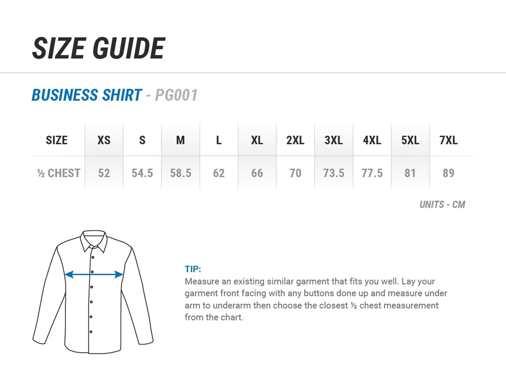 Business Shirt Size Guide